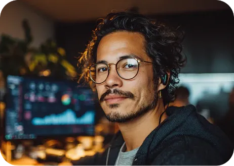 Homem olhando para frente com o fundo um dashboard de gestão de mídia