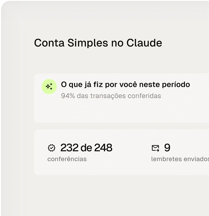 Tela da Conta Simples no Claude com o resumo de conferências e pendências feitas pelos agentes de IA